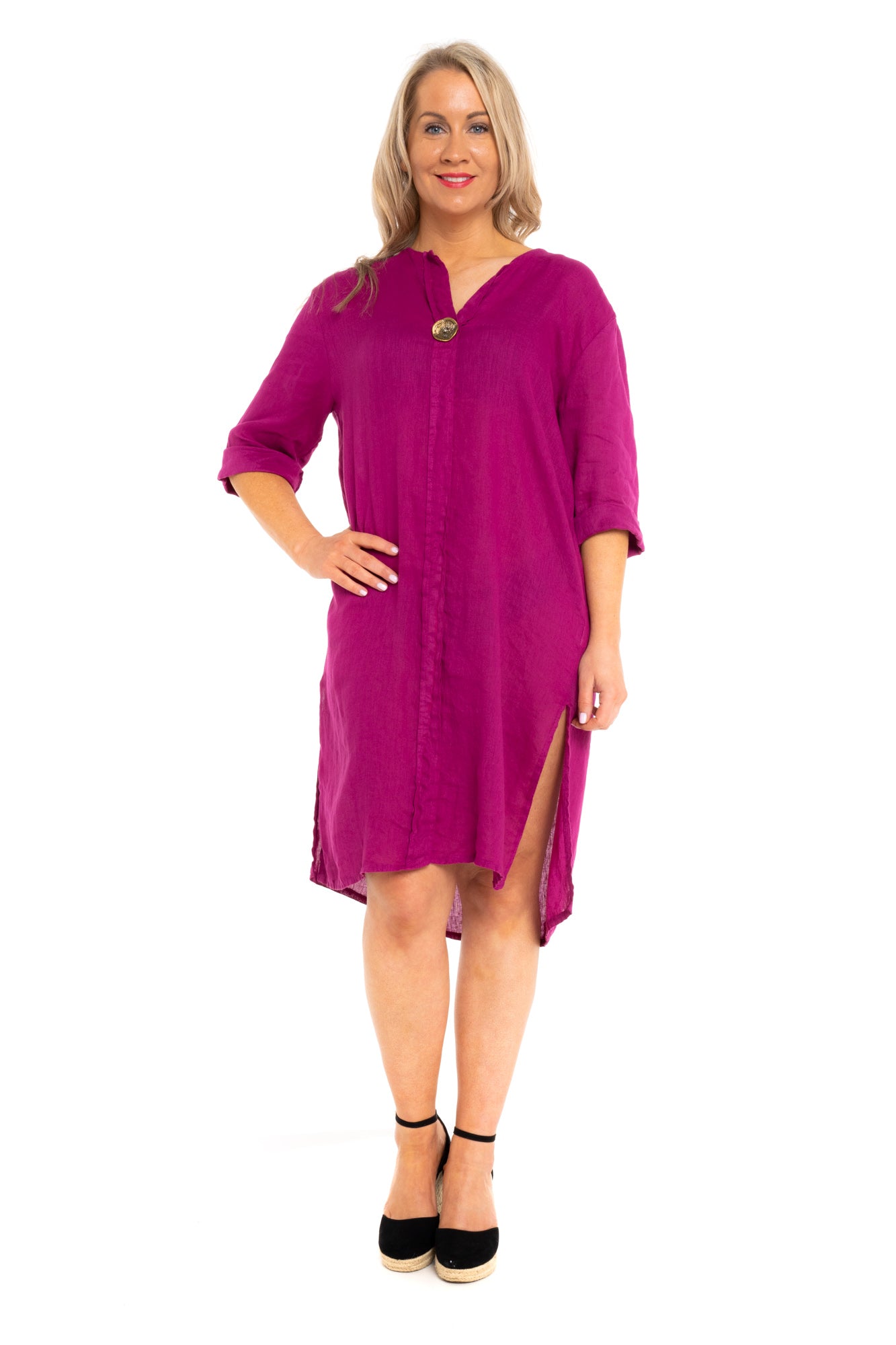 Linen knee length one button toggle dress