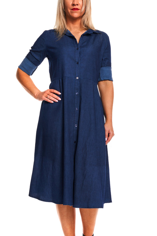 Chambray rollsleeve button long dress