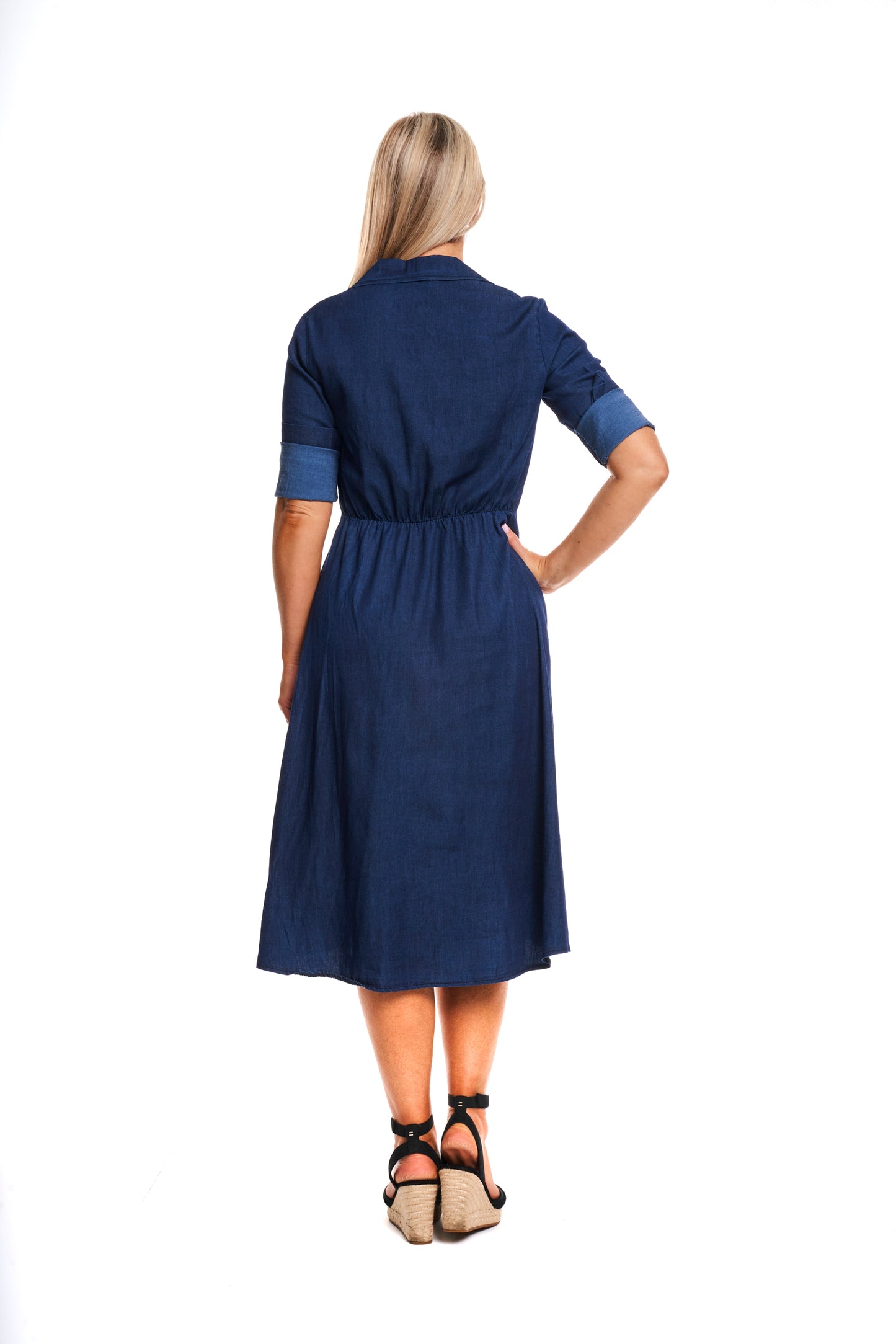 Chambray rollsleeve button long dress