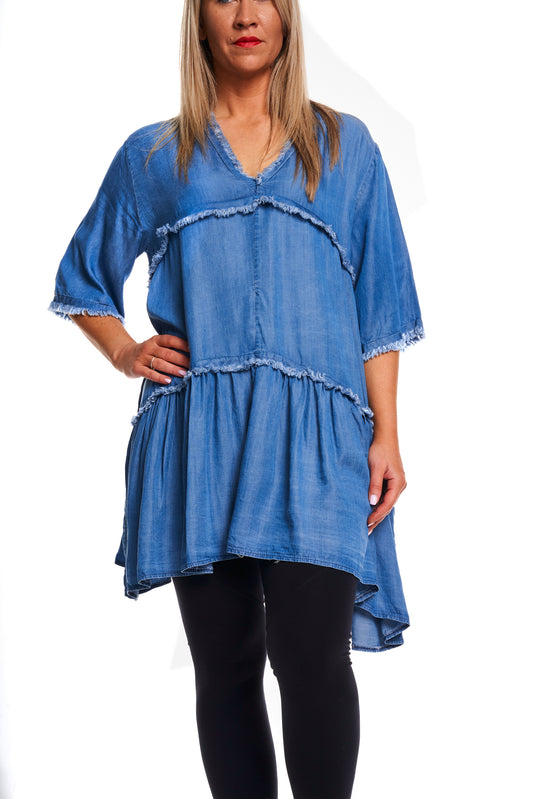 V Neck frill ruffle denim smock dress