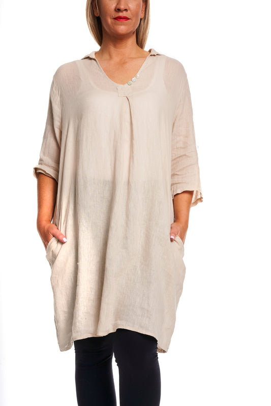 Linen 2 pocket v neck tunic/top